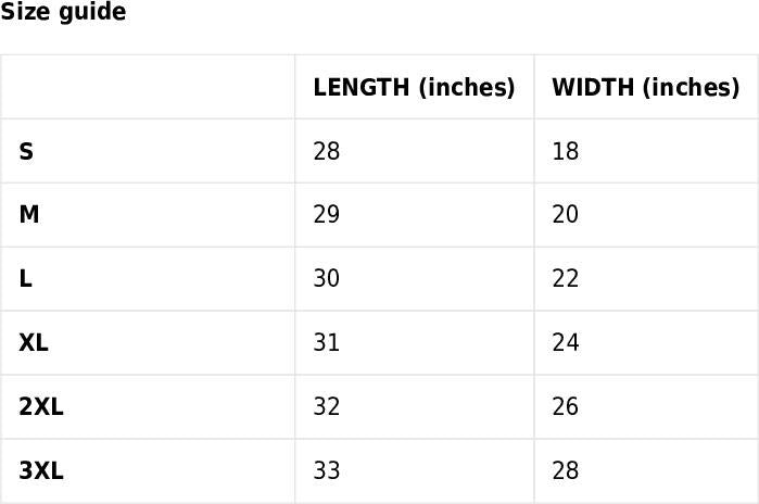 Size guide chart for clothing with length and width measurements in inches.