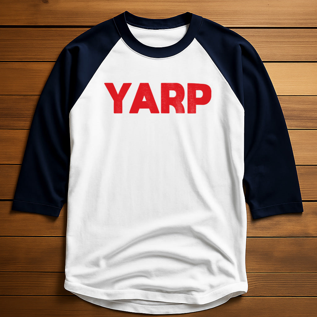 White and Navy 3/4 Sleeve Baseball shirt with 'YARP' printed on it.