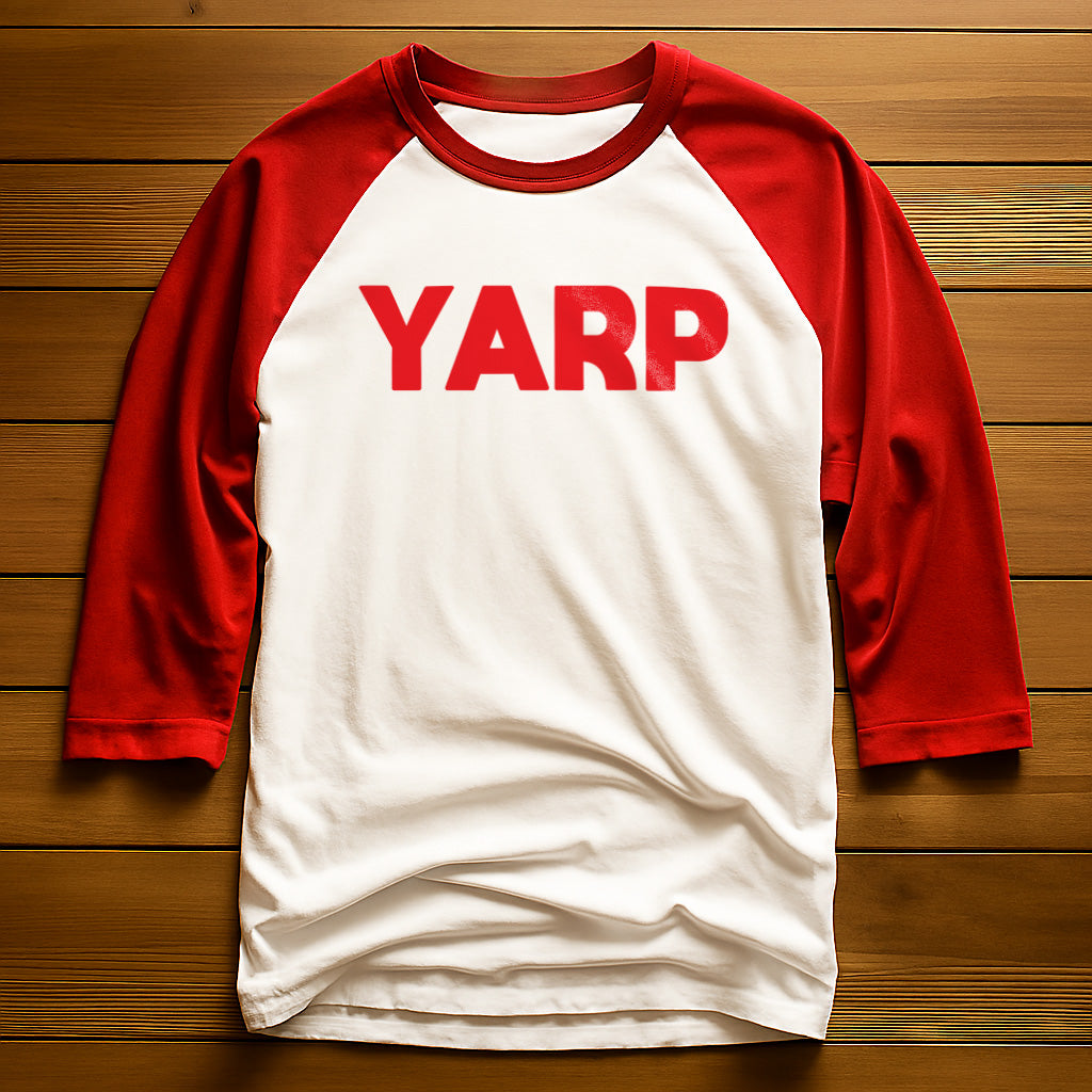 White and Red 3/4 Sleeve Baseball shirt with 'YARP' printed on it.